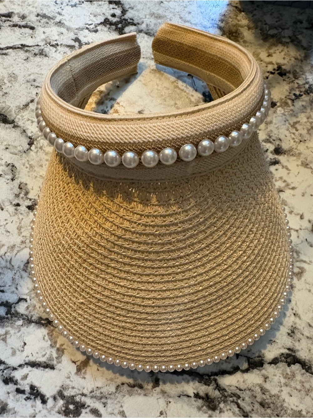 Pearl-Trim Straw Visor in Beige - Women Accessories
